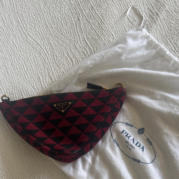 Prada Handbags - Prada Black and Red Triangle Clutch